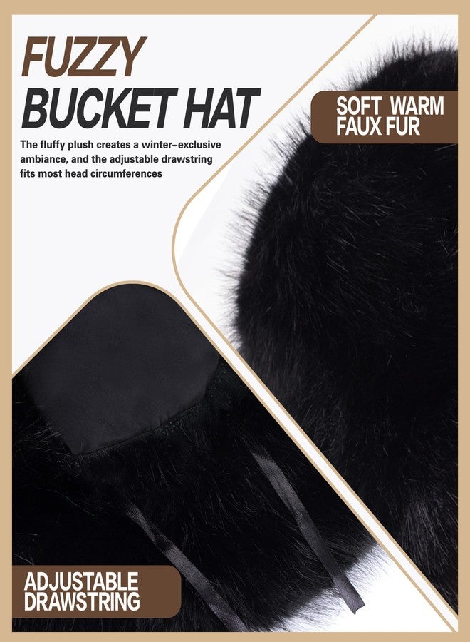 Doyesiee Faux Fur Bucket Hat for Women, Wide Brim Adjustable Fuzzy Fisherman Cap Long Pile Fluffy Winter Fashion Hat (US, Alpha, One Size, Medium, Black) - Image 5